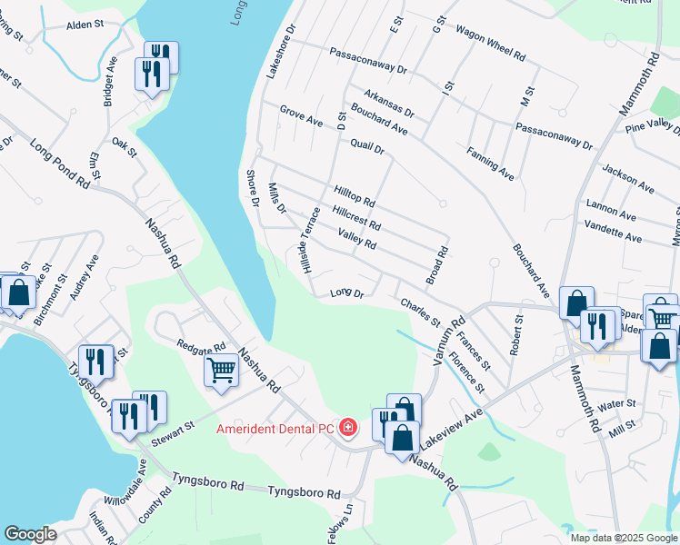 map of restaurants, bars, coffee shops, grocery stores, and more near 38 Midwood Road in Dracut