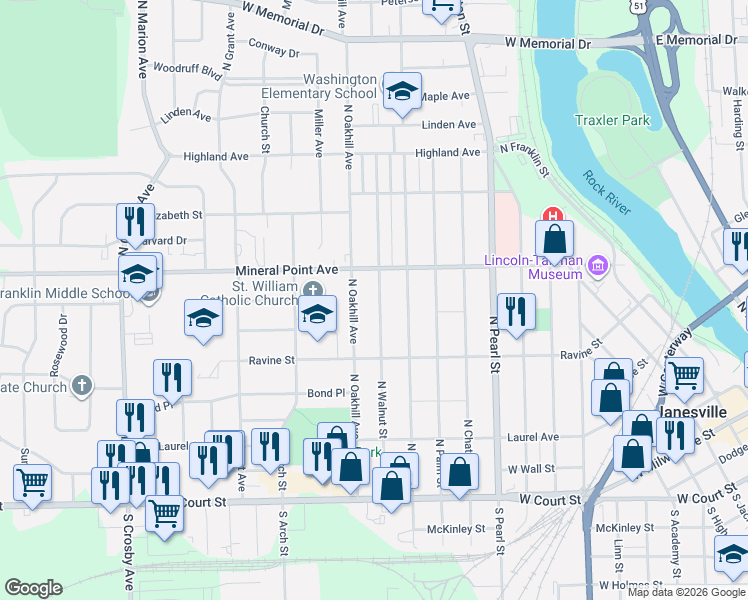 map of restaurants, bars, coffee shops, grocery stores, and more near 452 North Oakhill Avenue in Janesville