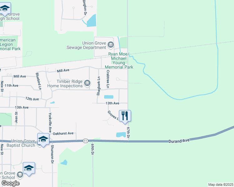map of restaurants, bars, coffee shops, grocery stores, and more near 1142 Mulberry Lane in Union Grove