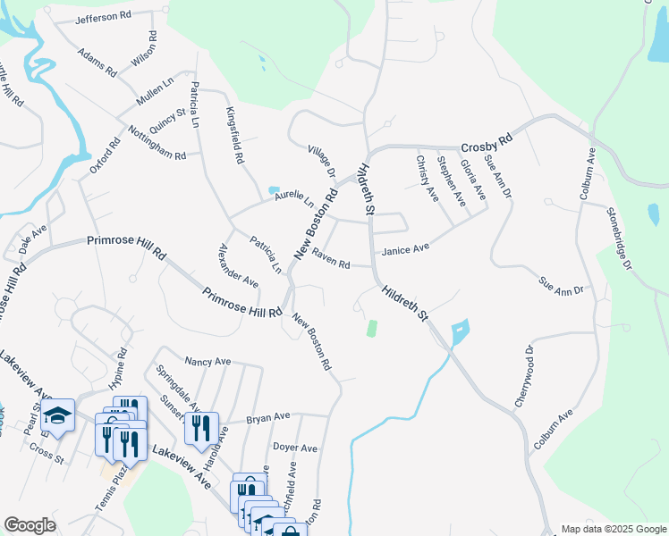 map of restaurants, bars, coffee shops, grocery stores, and more near 38 Raven Road in Dracut