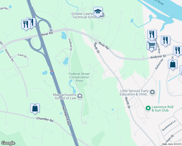 map of restaurants, bars, coffee shops, grocery stores, and more near 701 Brookside Drive in Andover