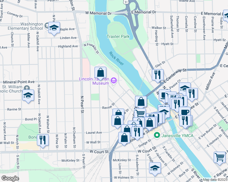 map of restaurants, bars, coffee shops, grocery stores, and more near 440 North Jackson Street in Janesville