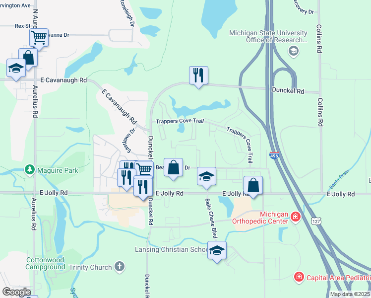 map of restaurants, bars, coffee shops, grocery stores, and more near 4731 Duvernay Drive in Lansing