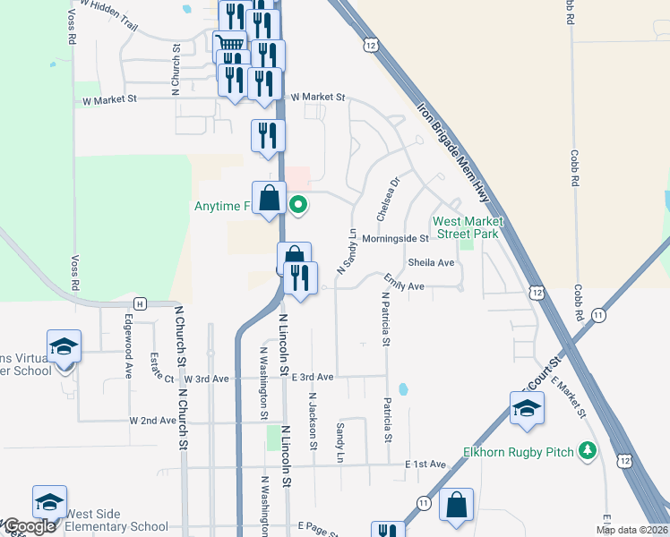 map of restaurants, bars, coffee shops, grocery stores, and more near 746 North Sandy Lane in Elkhorn