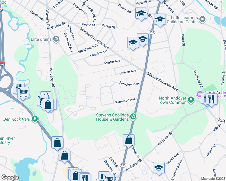 map of restaurants, bars, coffee shops, grocery stores, and more near 66 Fernview Avenue in North Andover