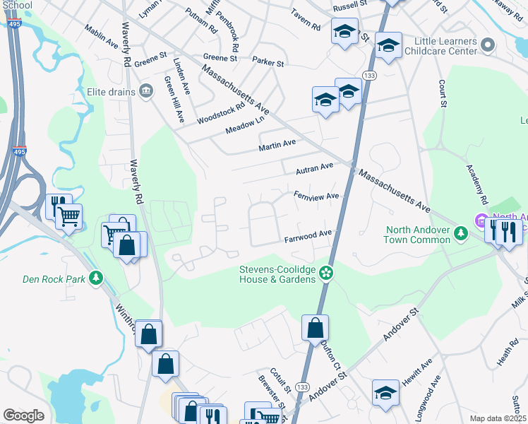 map of restaurants, bars, coffee shops, grocery stores, and more near 5 Fernview Avenue in North Andover