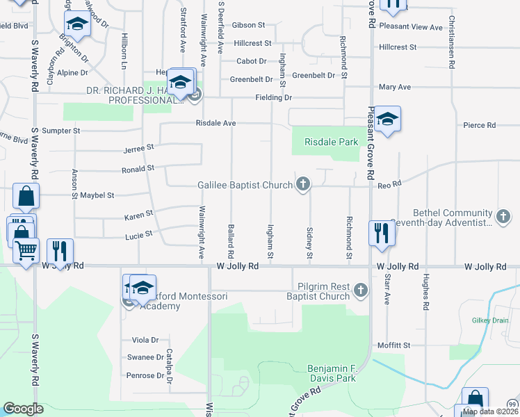map of restaurants, bars, coffee shops, grocery stores, and more near 4808 Ingham Street in Lansing