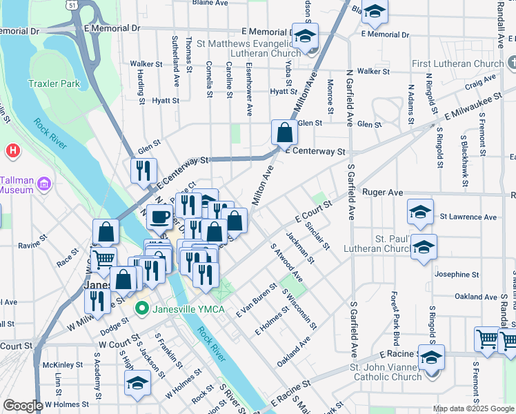 map of restaurants, bars, coffee shops, grocery stores, and more near 12 Jackman Street in Janesville