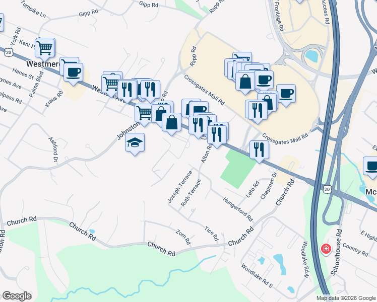 map of restaurants, bars, coffee shops, grocery stores, and more near 27 Patricia Lane in Albany