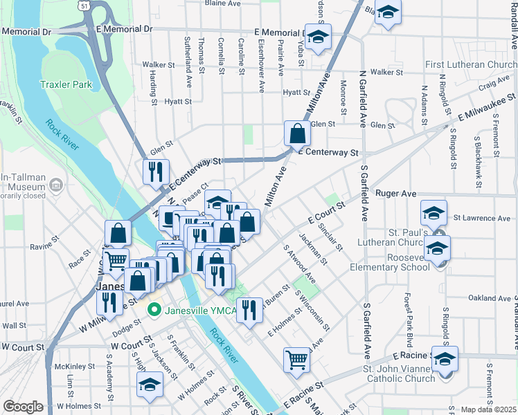 map of restaurants, bars, coffee shops, grocery stores, and more near 10 North Atwood Avenue in Janesville