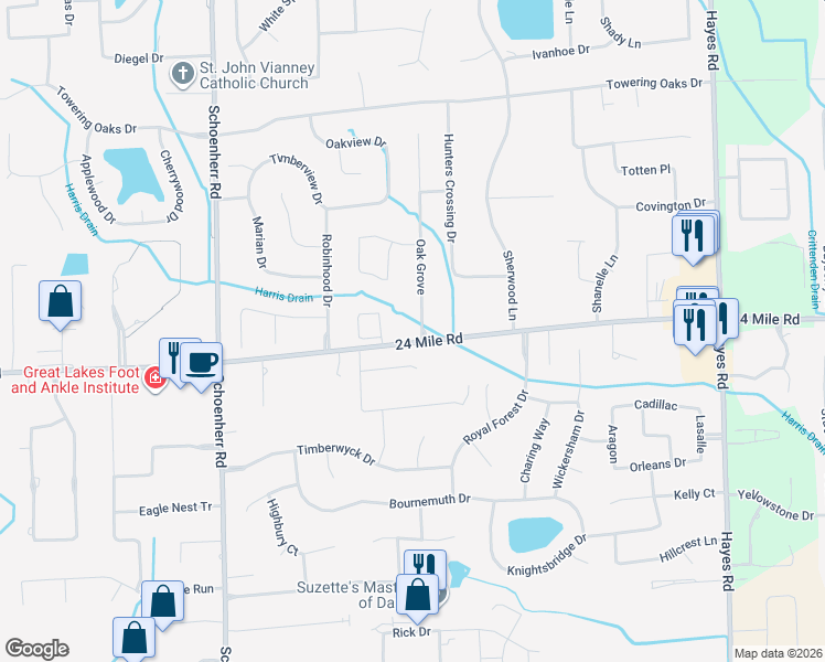 map of restaurants, bars, coffee shops, grocery stores, and more near 53065 Oak Grove in Shelby Township