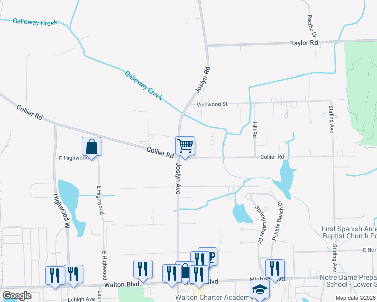 map of restaurants, bars, coffee shops, grocery stores, and more near 3038 Joslyn Road in Auburn Hills