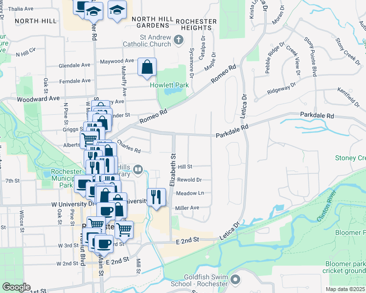 map of restaurants, bars, coffee shops, grocery stores, and more near 740 Elizabeth Street in Rochester