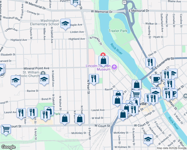 map of restaurants, bars, coffee shops, grocery stores, and more near 452 North Pearl Street in Janesville