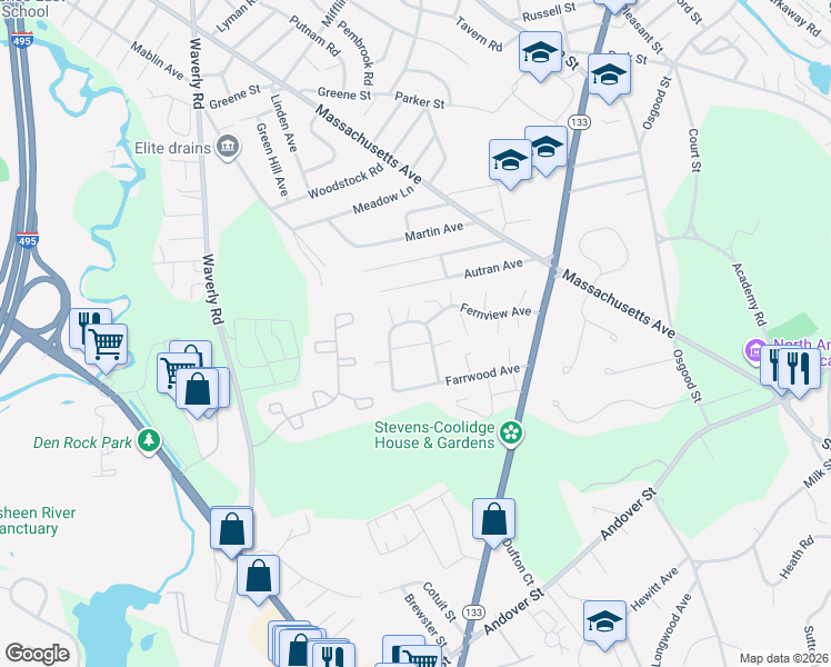 map of restaurants, bars, coffee shops, grocery stores, and more near 5 Fernview Avenue in North Andover