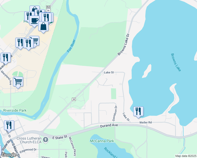 map of restaurants, bars, coffee shops, grocery stores, and more near 833 Browns Lake Drive in Burlington