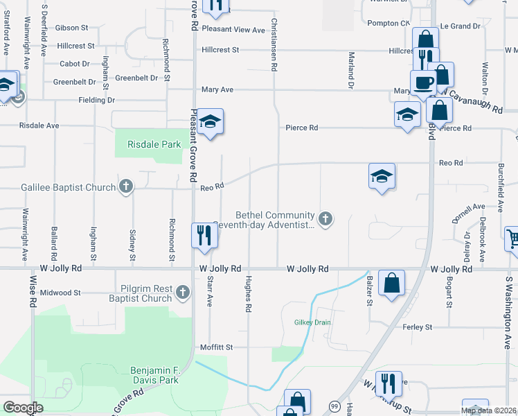 map of restaurants, bars, coffee shops, grocery stores, and more near 4804 Hughes Road in Lansing