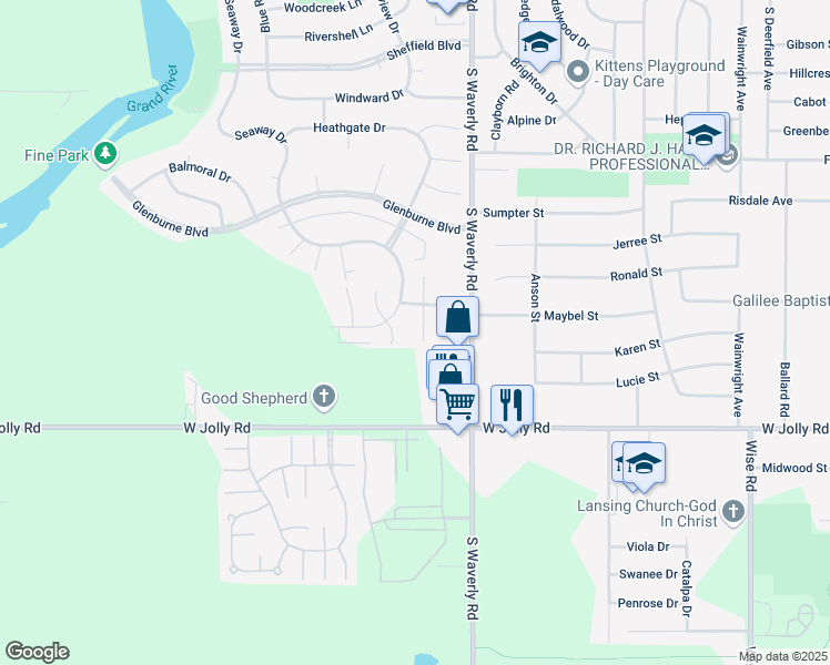 map of restaurants, bars, coffee shops, grocery stores, and more near 4032 Woodbridge Drive in Lansing