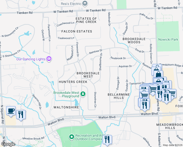 map of restaurants, bars, coffee shops, grocery stores, and more near 327 Silvervale Drive in Rochester Hills