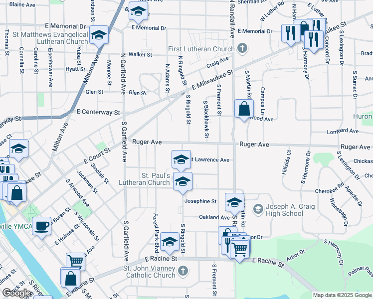 map of restaurants, bars, coffee shops, grocery stores, and more near 123 South Ringold Street in Janesville