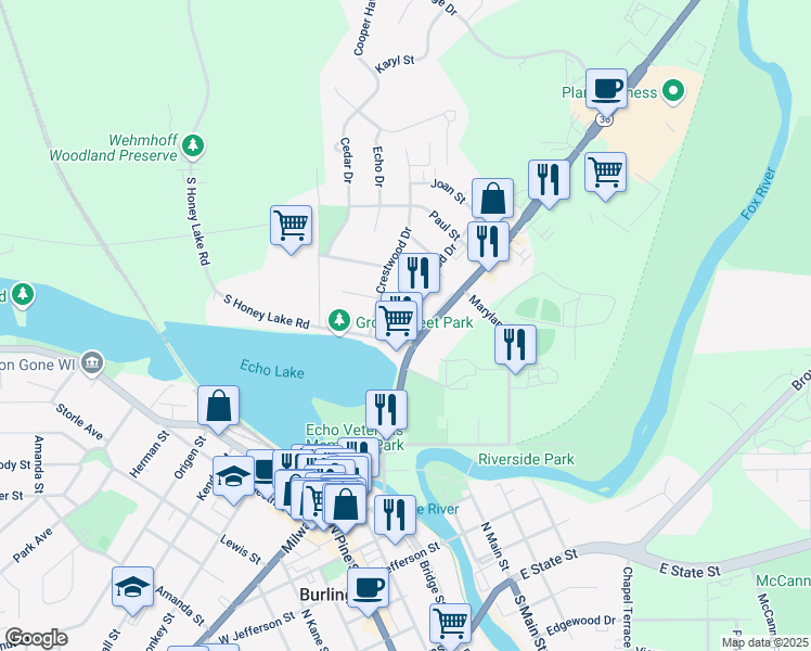 map of restaurants, bars, coffee shops, grocery stores, and more near 100 West Grove Street in Burlington