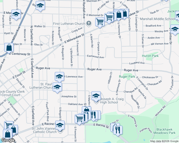 map of restaurants, bars, coffee shops, grocery stores, and more near 117 South Randall Avenue in Janesville