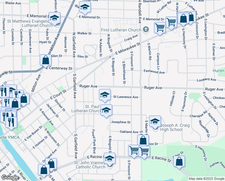 map of restaurants, bars, coffee shops, grocery stores, and more near 123 South Ringold Street in Janesville