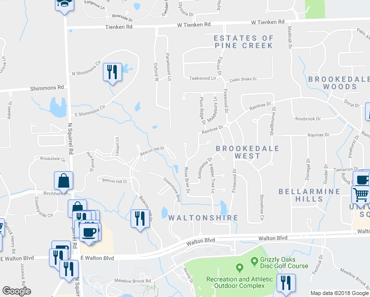 map of restaurants, bars, coffee shops, grocery stores, and more near 368 Old Ridge Court in Rochester Hills