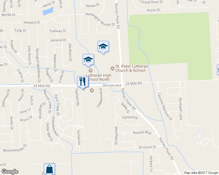 map of restaurants, bars, coffee shops, grocery stores, and more near 16868 Pebble Court in Macomb