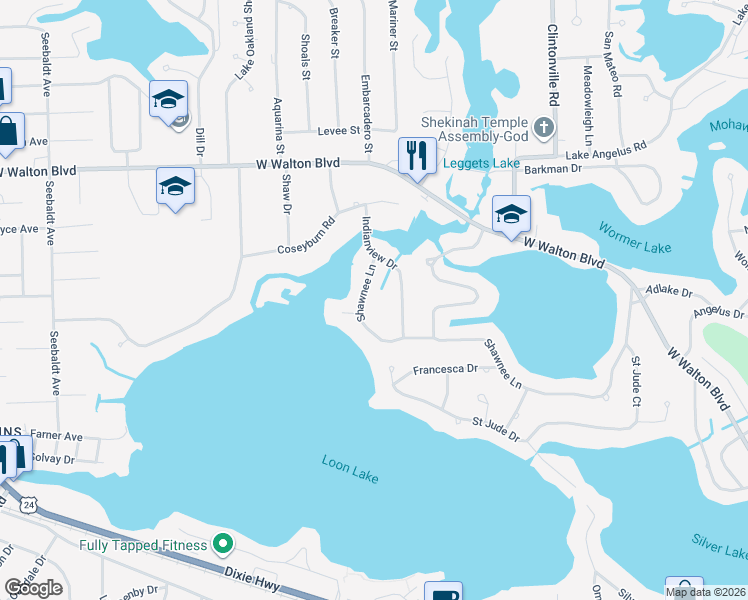 map of restaurants, bars, coffee shops, grocery stores, and more near 3214 Shawnee Lane in Waterford Township