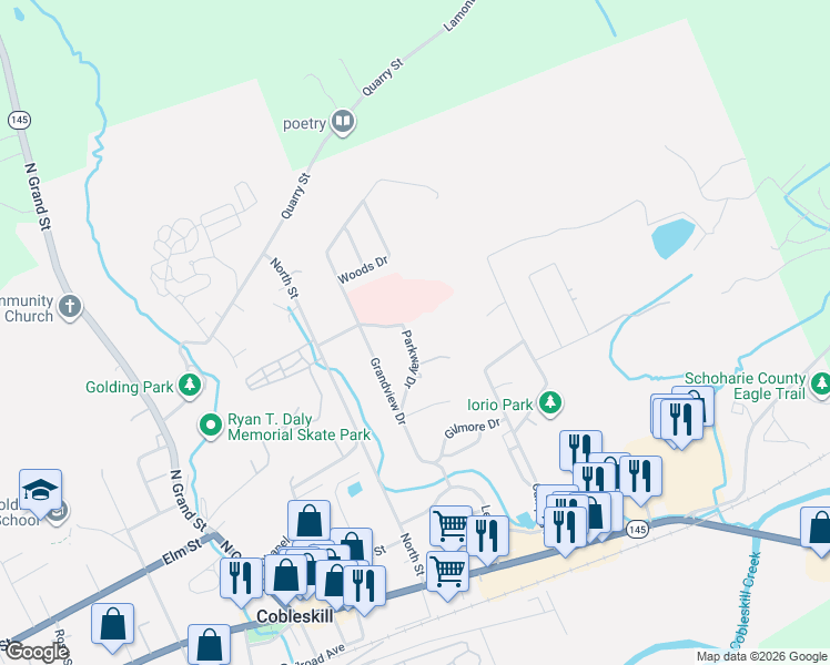 map of restaurants, bars, coffee shops, grocery stores, and more near 127 Parkway Drive in Cobleskill