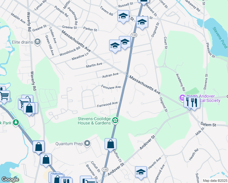 map of restaurants, bars, coffee shops, grocery stores, and more near 28 Fernview Avenue in North Andover