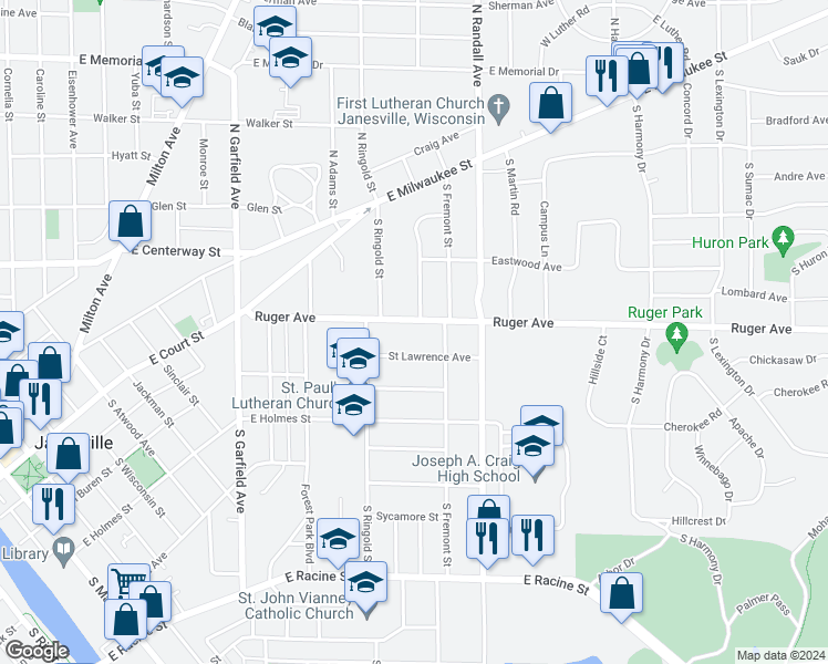 map of restaurants, bars, coffee shops, grocery stores, and more near 1412 Ruger Avenue in Janesville