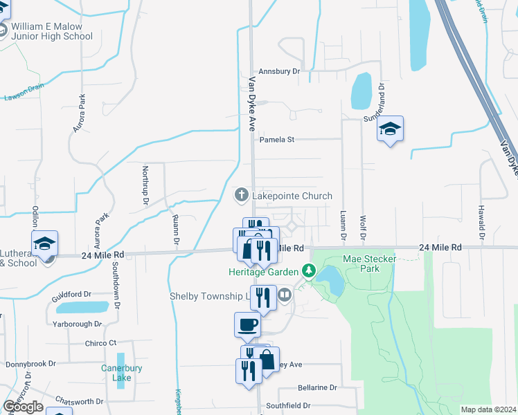 map of restaurants, bars, coffee shops, grocery stores, and more near 8139 Williamstown Drive in Shelby Charter Township