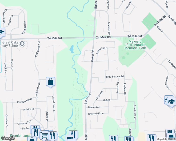 map of restaurants, bars, coffee shops, grocery stores, and more near 52329 Baker Road in New Baltimore