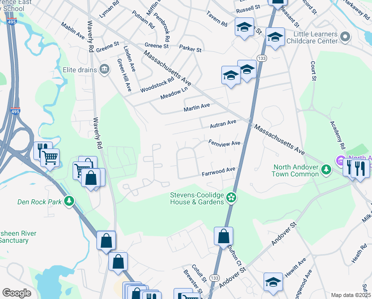 map of restaurants, bars, coffee shops, grocery stores, and more near 5 Fernview Avenue in North Andover