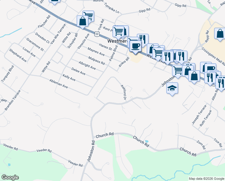map of restaurants, bars, coffee shops, grocery stores, and more near 6211 Johnston Road in Albany