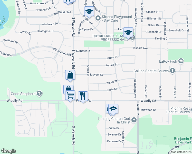 map of restaurants, bars, coffee shops, grocery stores, and more near 3622 Karen Street in Lansing