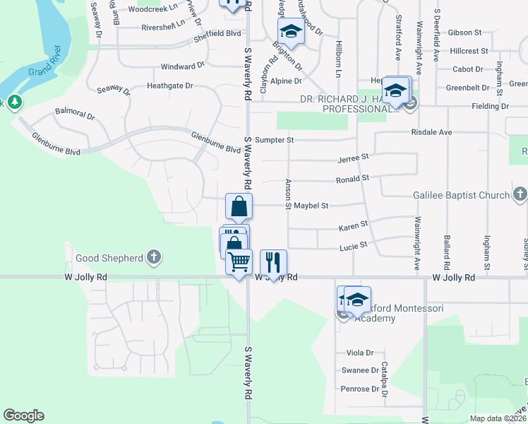 map of restaurants, bars, coffee shops, grocery stores, and more near 4720 Anson Street in Lansing