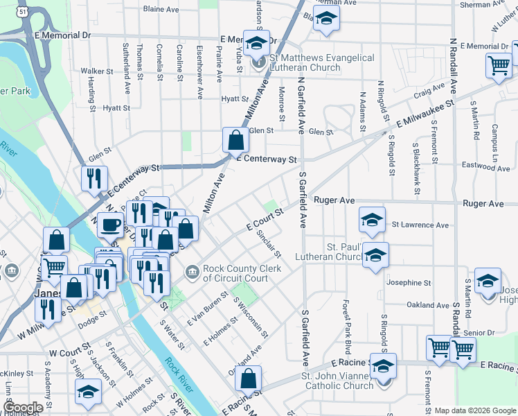 map of restaurants, bars, coffee shops, grocery stores, and more near 720 East Court Street in Janesville