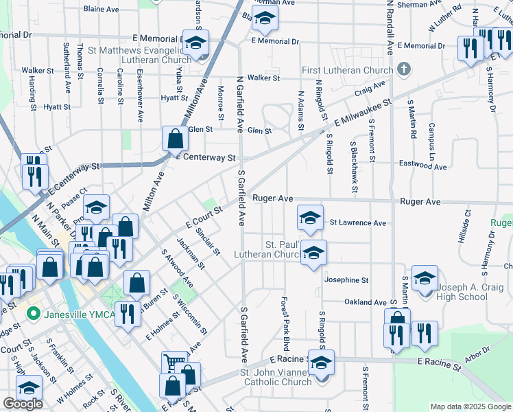 map of restaurants, bars, coffee shops, grocery stores, and more near 108 Jefferson Avenue in Janesville