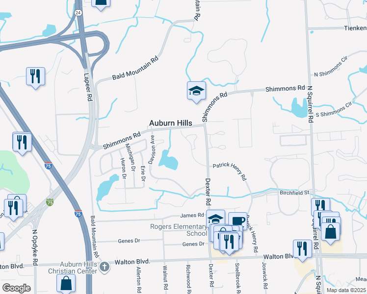 map of restaurants, bars, coffee shops, grocery stores, and more near 2891 Olden Oak Lane in Auburn Hills