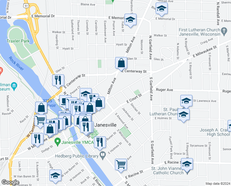 map of restaurants, bars, coffee shops, grocery stores, and more near 609 East Milwaukee Street in Janesville