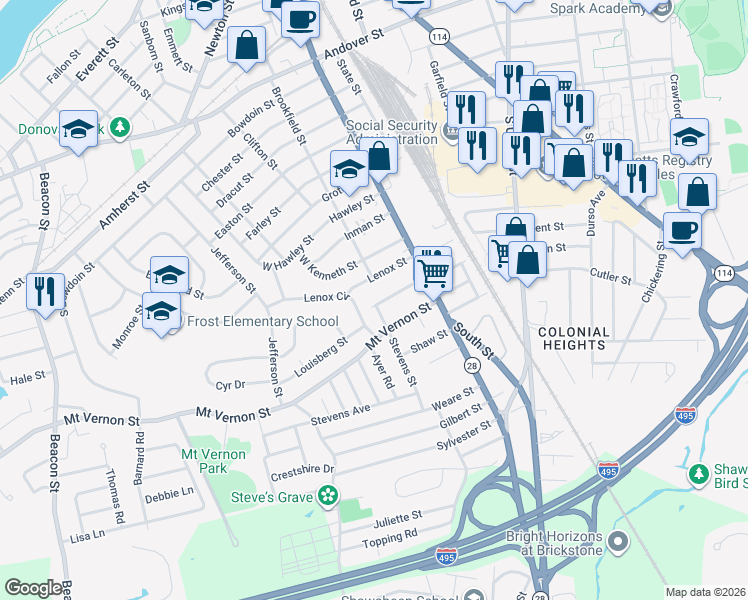 map of restaurants, bars, coffee shops, grocery stores, and more near 33 Mount Vernon Street in Lawrence
