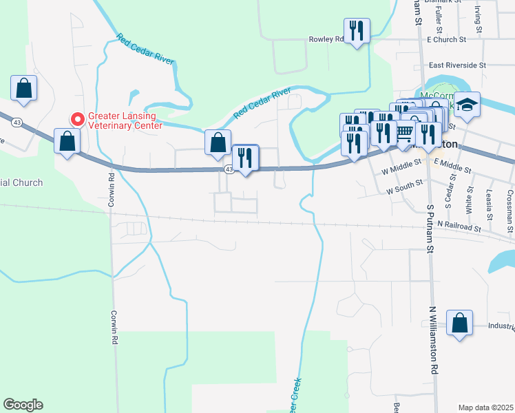 map of restaurants, bars, coffee shops, grocery stores, and more near 3416 Corwin Road in Williamston