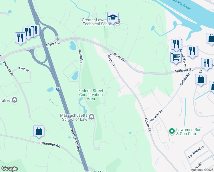 map of restaurants, bars, coffee shops, grocery stores, and more near 701 Brookside Drive in Andover