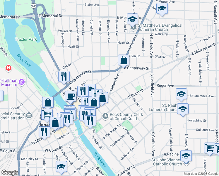 map of restaurants, bars, coffee shops, grocery stores, and more near 225 Milton Avenue in Janesville