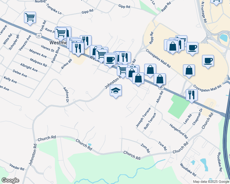 map of restaurants, bars, coffee shops, grocery stores, and more near 6270 Johnston Road in Albany