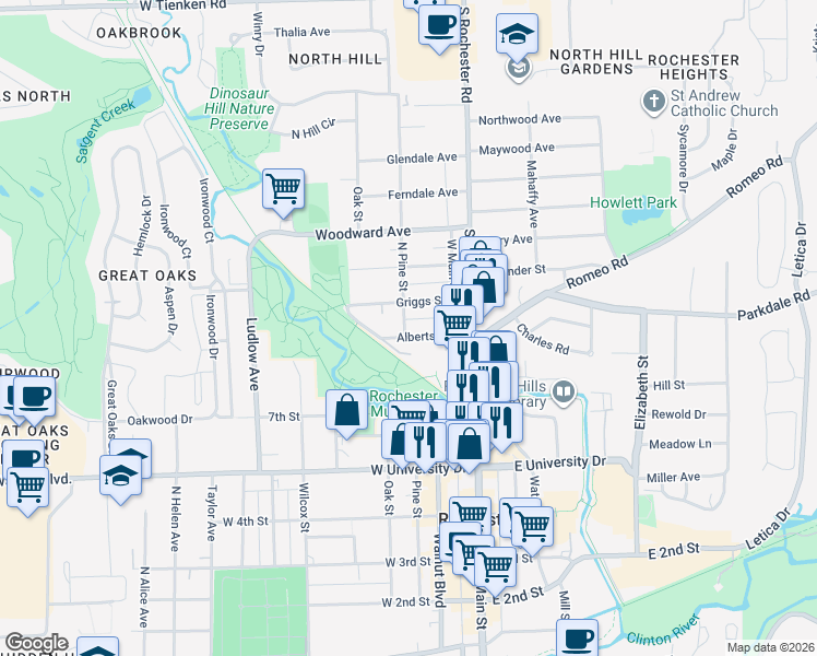 map of restaurants, bars, coffee shops, grocery stores, and more near 151 Albertson Street in Rochester