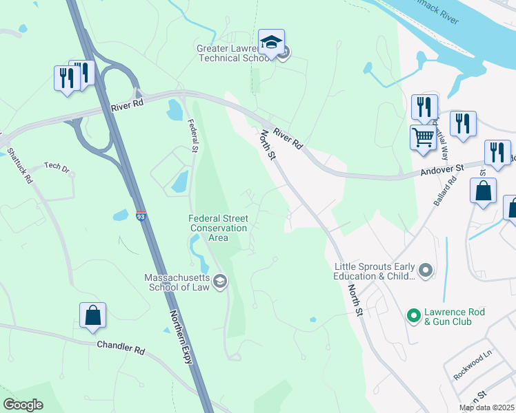 map of restaurants, bars, coffee shops, grocery stores, and more near 701 Brookside Drive in Andover